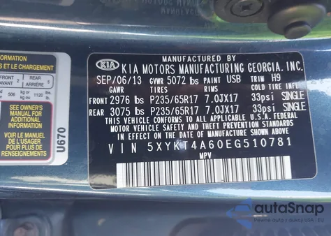 2014 Kia Sorento Lx from USA, damaged, VIN 5XYKT4A60EG510781